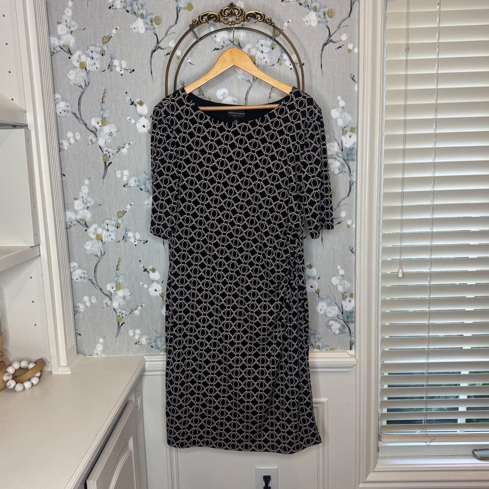 Connected Apparel Womens Black Tan‎ Geometric Sheath Dress Side Ruched Size 16
